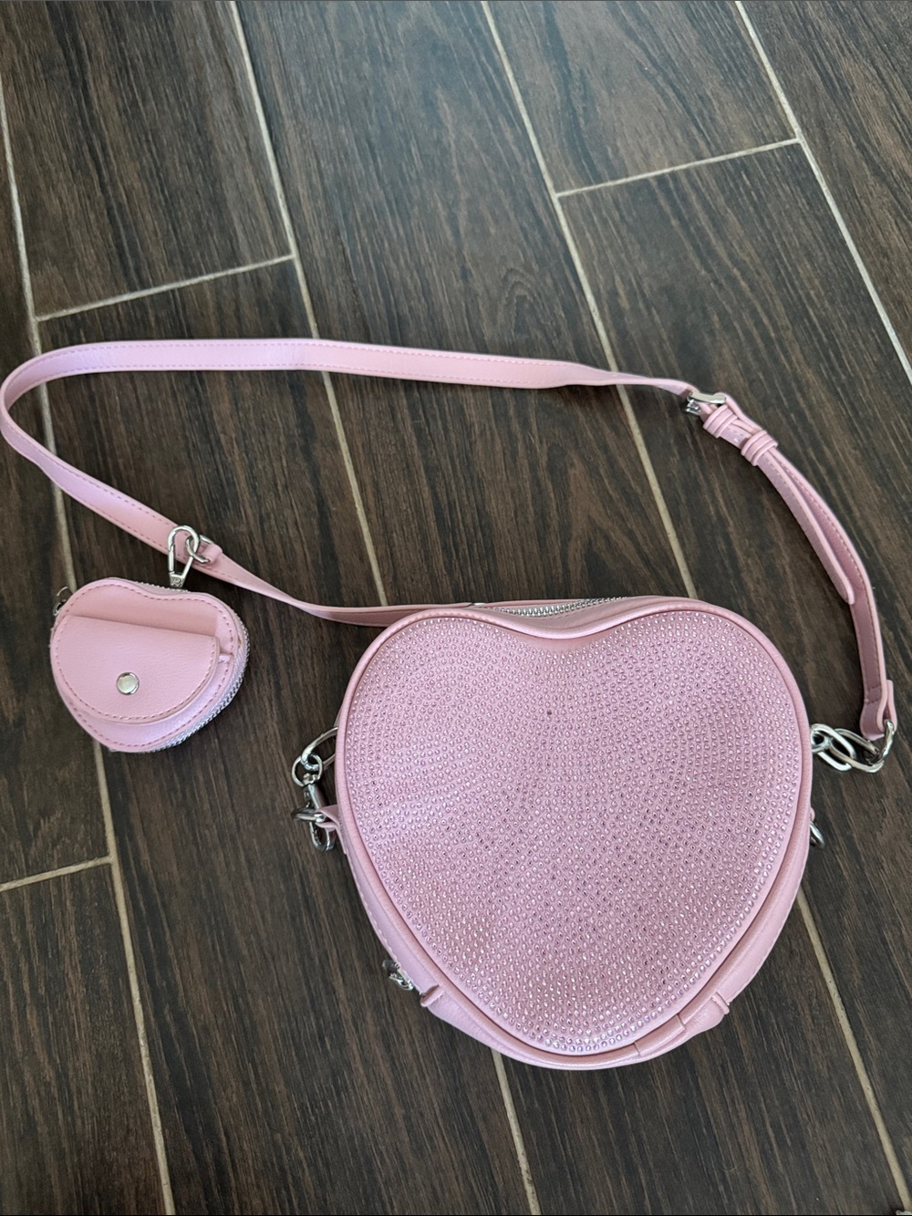 Pink Heart, Rhinestone Crossbody Bag with Coin Pouch
